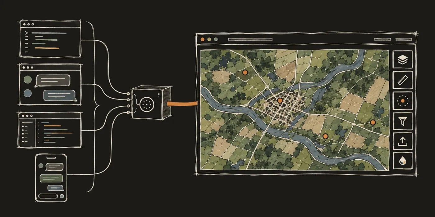 A sketch on a dark ground of four different AI agent windows, a terminal, a chat, a code editor and a phone, joined through one connector to a map with a toolbar of GIS tools
