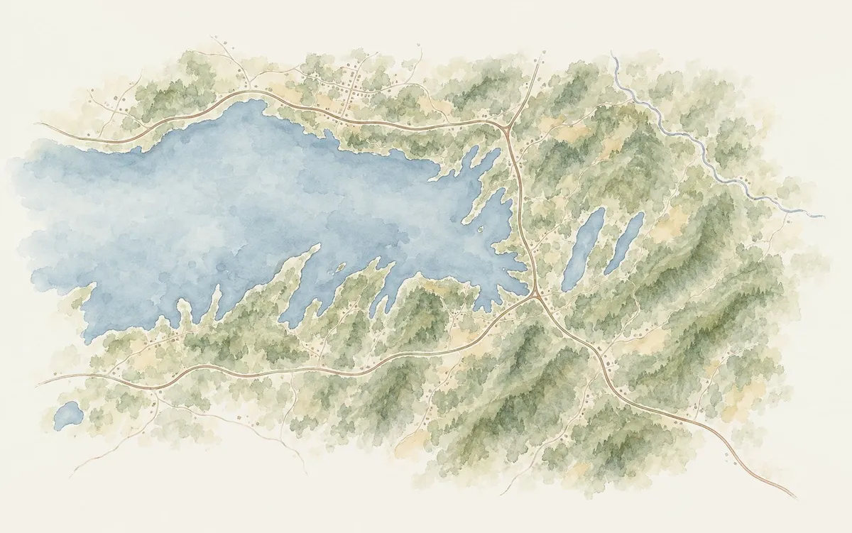 A watercolour of the Ashokan Reservoir’s east basin in the Catskills, New York, from above: Route 28 along the north shore and round the east end, Route 28A along the south shore, forested hills all round