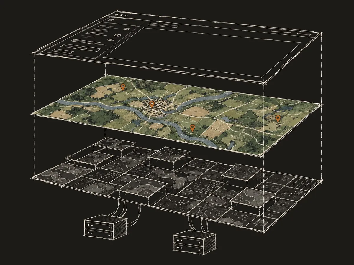 A hand-drawn exploded view of an app: the developer’s interface on top, a Felt map beneath it, and map tiles and servers at the bottom.