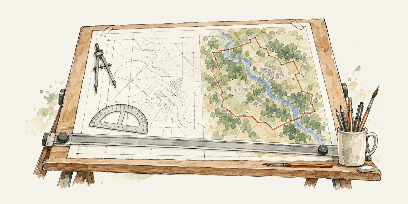 An illustration of a drawing board where a pencil construction of a map on the left becomes a painted map with an outlined area on the right