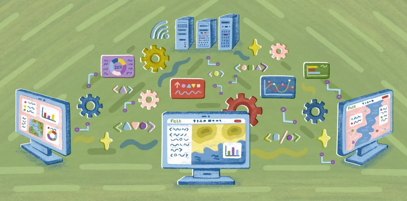 An illustration of computers, servers and gears exchanging maps, charts and data symbols