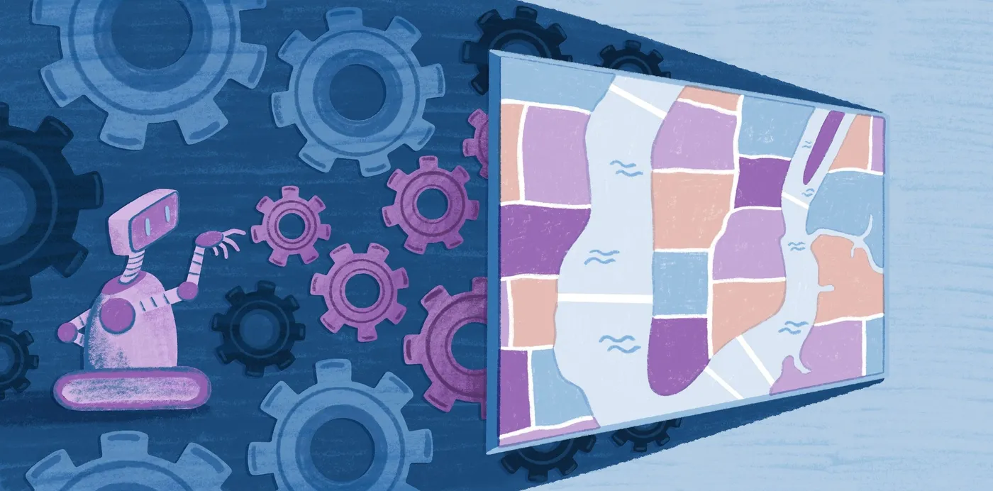An illustration of a robot arranging gears that feed into a screen showing a colorful map of land parcels and rivers
