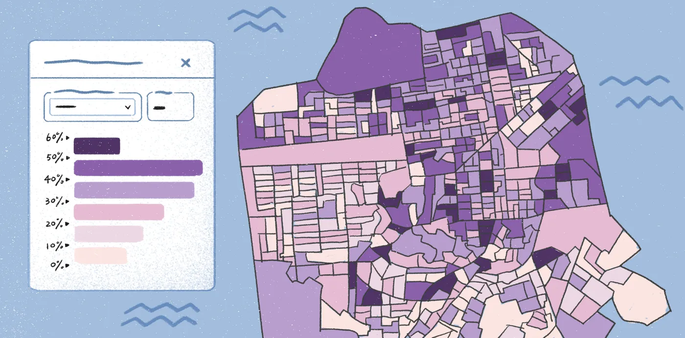An illustration of a city parcel map shaded in purples beside a legend panel with percentage bars