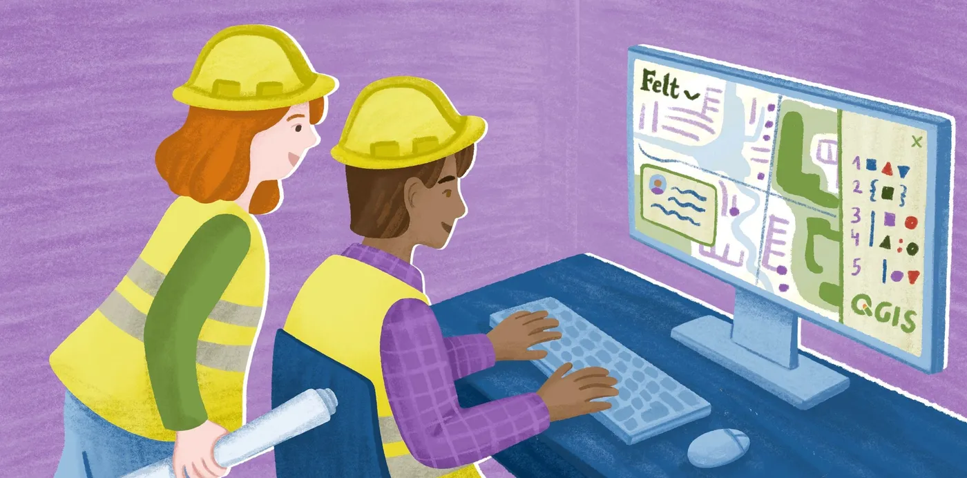 An illustration of two workers in hard hats at a computer showing a Felt map styled with QGIS