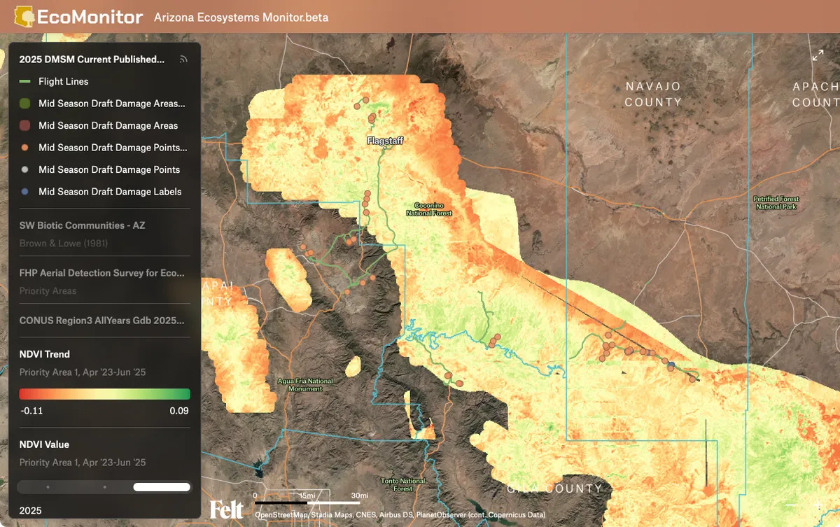 Northern Arizona University's EcoMonitor app built on Felt: an NDVI trend layer over northern Arizona with forest damage survey points and flight lines