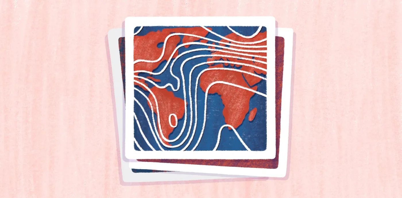 An illustration of a stack of map prints, the top one showing curved lines across the Atlantic, Africa and the Americas