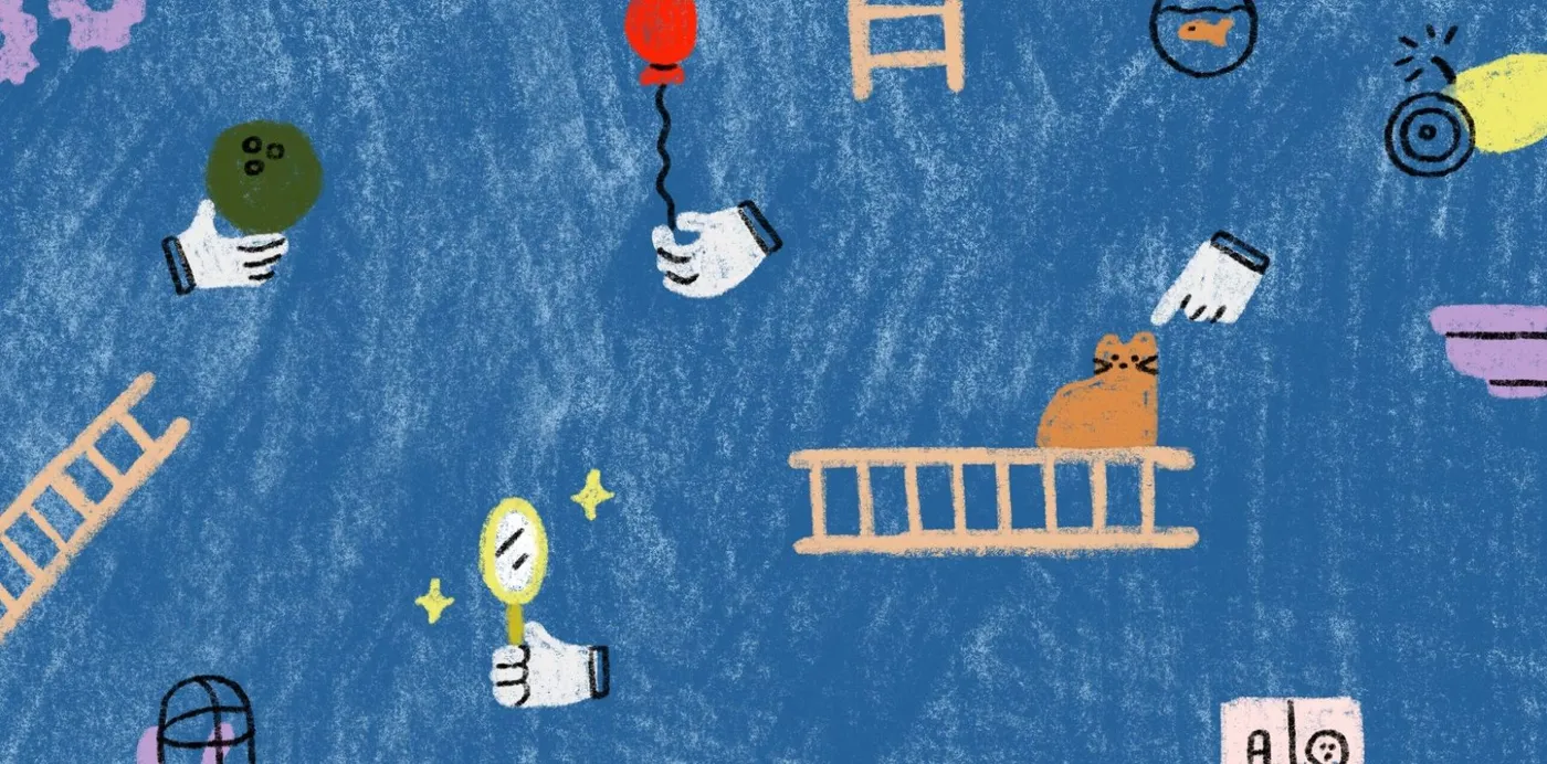 An illustration of gloved cartoon hands holding a balloon, a mirror and a bowling ball among ladders and a cat