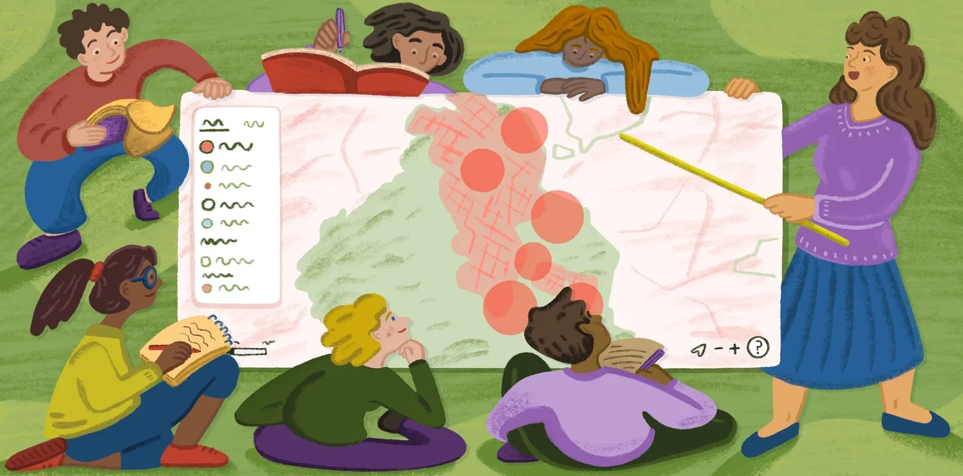 An illustration of a group of people studying a large map with red circles and a legend as a presenter points to it