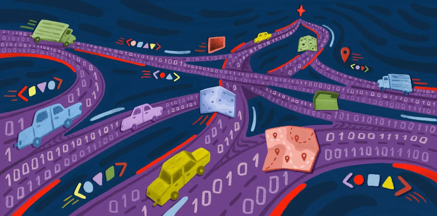 An illustration of cars and trucks on purple highways made of binary code, carrying maps and data tiles