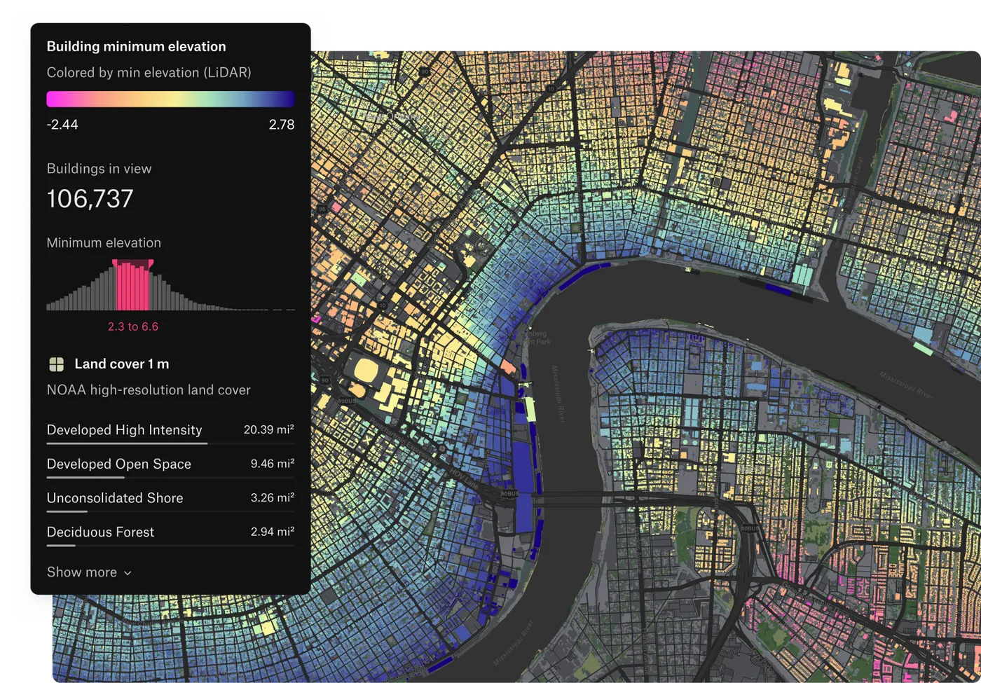 A Felt map of New Orleans buildings colored by LiDAR minimum elevation, with a histogram filter and land cover breakdown