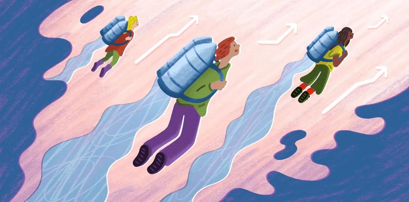 An illustration of three people flying upward on jetpacks beside rising arrows