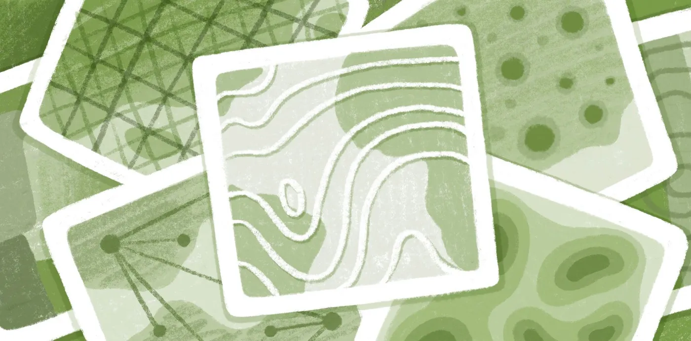 An illustration of overlapping green map tiles patterned with grids, contour lines, dots and connected points
