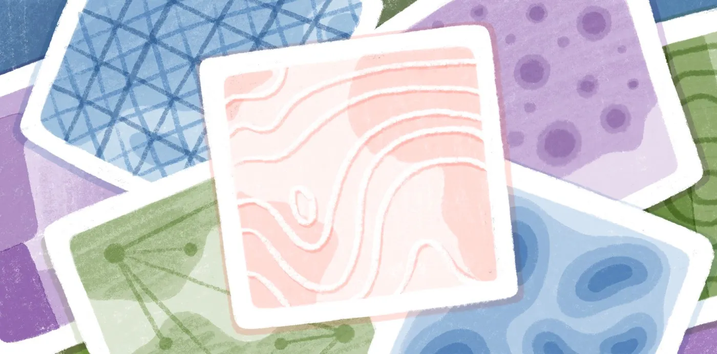 An illustration of overlapping map cards in blue, pink, purple and green showing contours, grids, points and networks