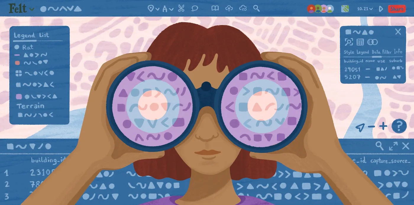 An illustration of a person looking through binoculars in front of a Felt map with legend and data table panels