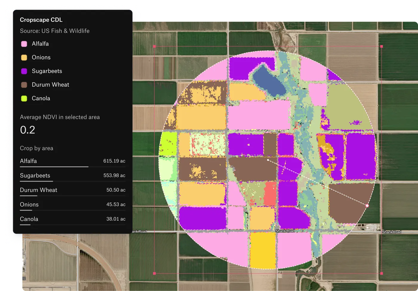 A Felt map with a circular spatial filter clipping a crop type raster over farmland, reporting average NDVI and crop acreage