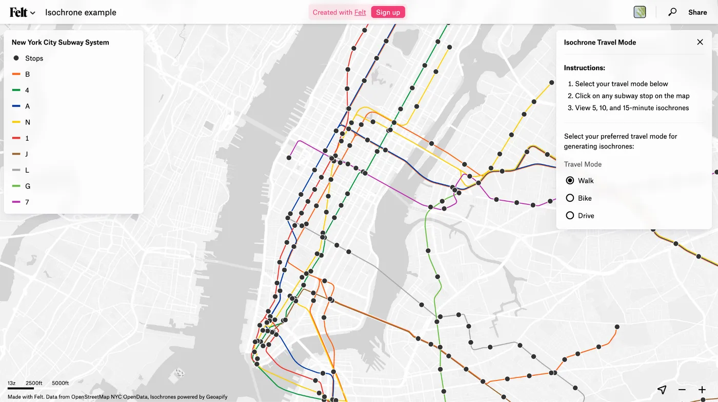 Felt isochrone map example displaying New York City subway lines and stations with travel-time catchment areas generated for walking, biking, and driving modes.