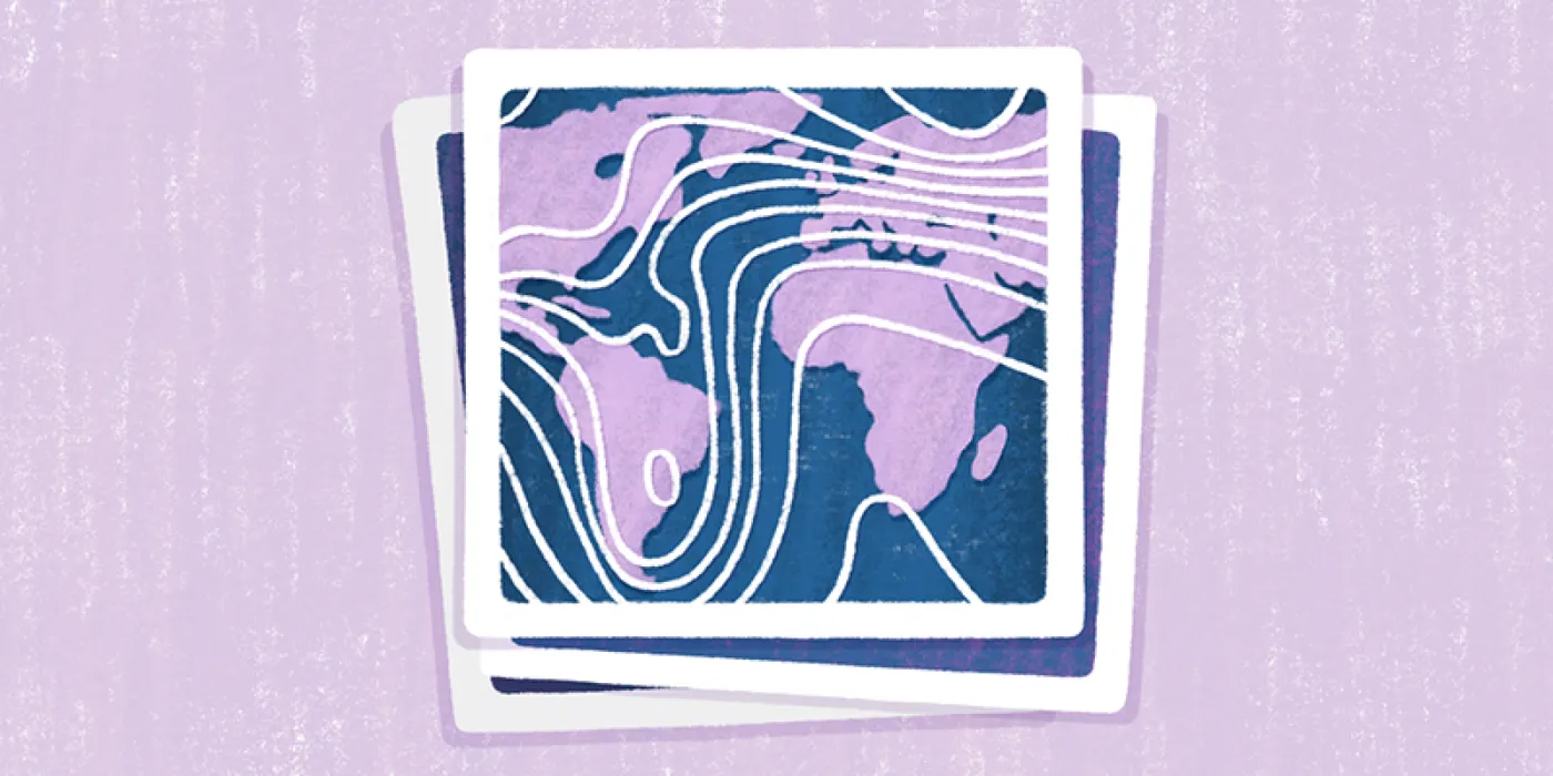 An illustration of a stack of instant photos, the top one showing a purple and blue world map with white contour lines