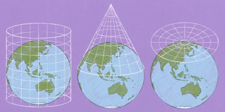 Illustrations of the three projection families: a cylinder, a cone, and a flat plane each touching a globe