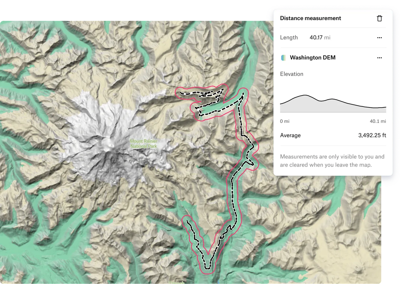 A Felt terrain map near Mount Rainier with a measured 40-mile route and its elevation profile from a Washington DEM