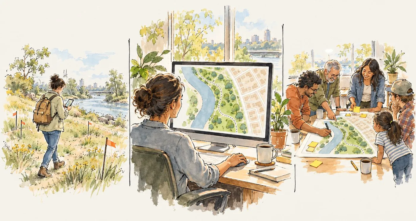 A hand-drawn watercolour of one park plan used three ways: a planner on the riverside site checking the field app, a planner with the plan on a monitor, and residents adding sticky notes to the printed plan at a community session.