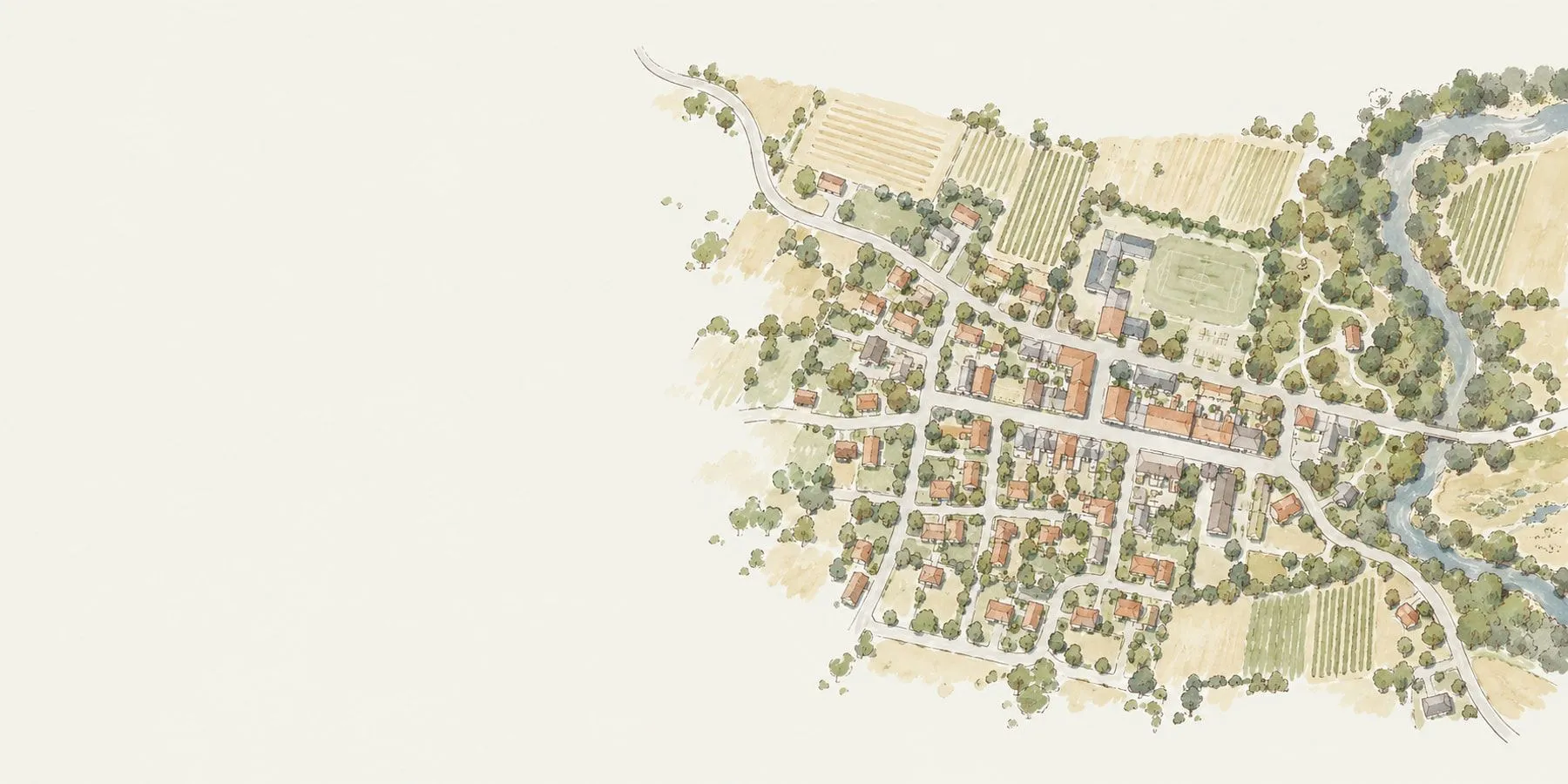 A hand-drawn aerial watercolour of a small town that thins out to paper, with Felt map points along its main street, a water-main popup and a legend.
